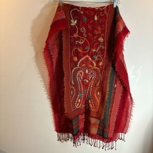 SCARF Embroidered Raw Edges Two Layers Fringed Shawl Wrap